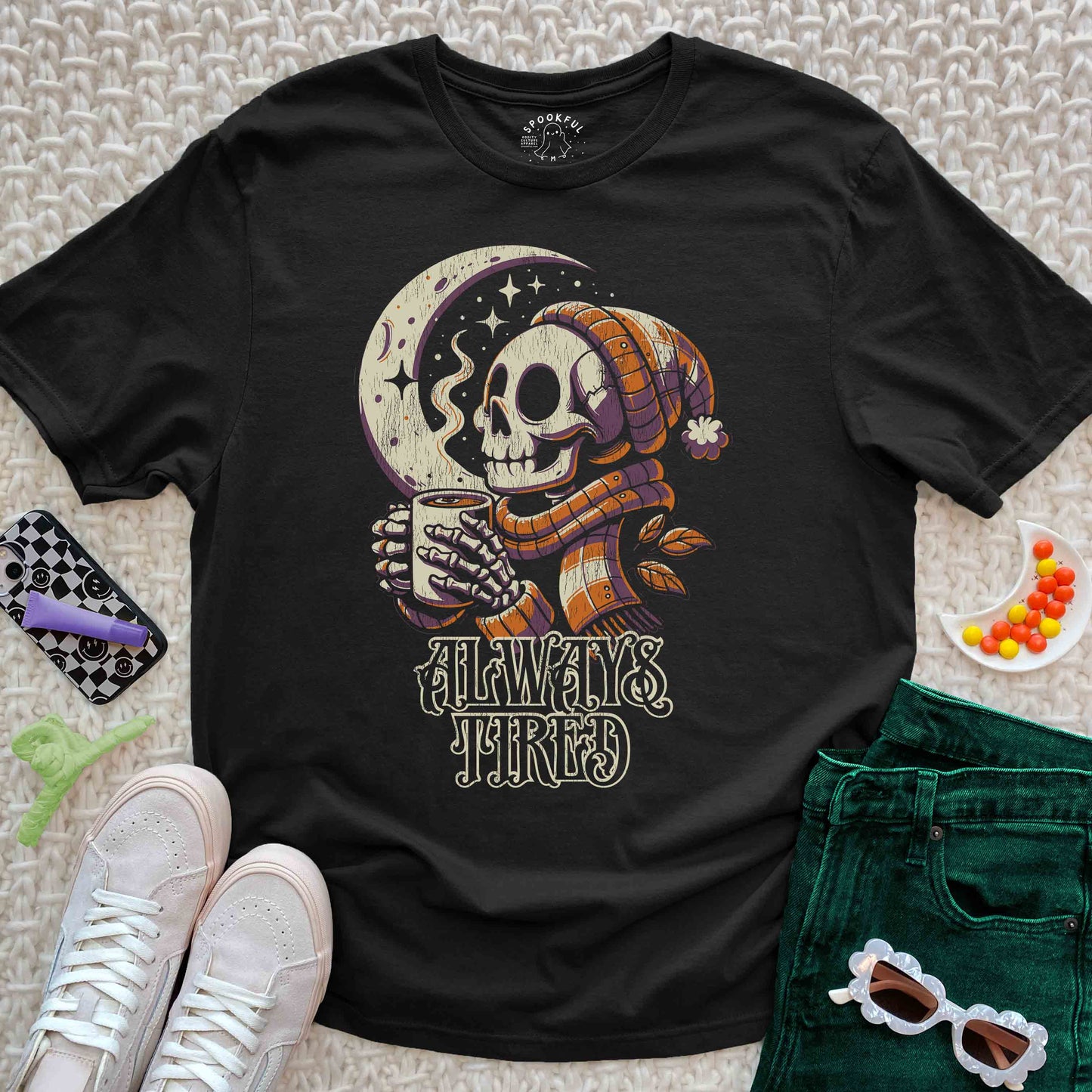 Always Tired Tee - Skeleton with Coffee T-Shirt