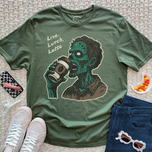 Live, Lurch, Latte Tee - Zombie Coffee Lover T-Shirt
